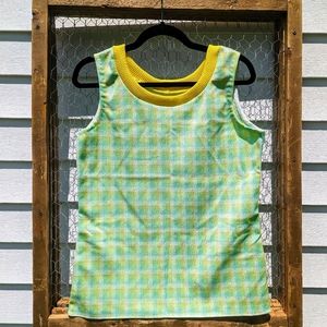 Vintage 1970s Yellow Green Polyester Houndstooth Sleeveless Top Shirt M Retro